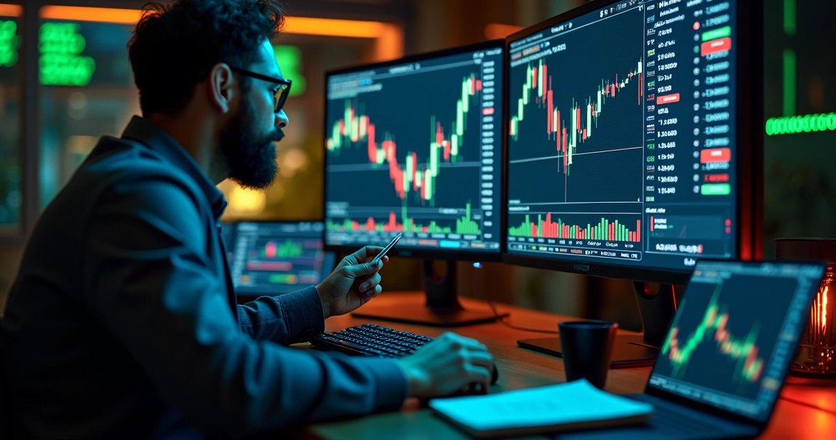 Trader analisa livro de ofertas com gráficos de preço em tela mostrando liquidez e estabilidade no mercado 