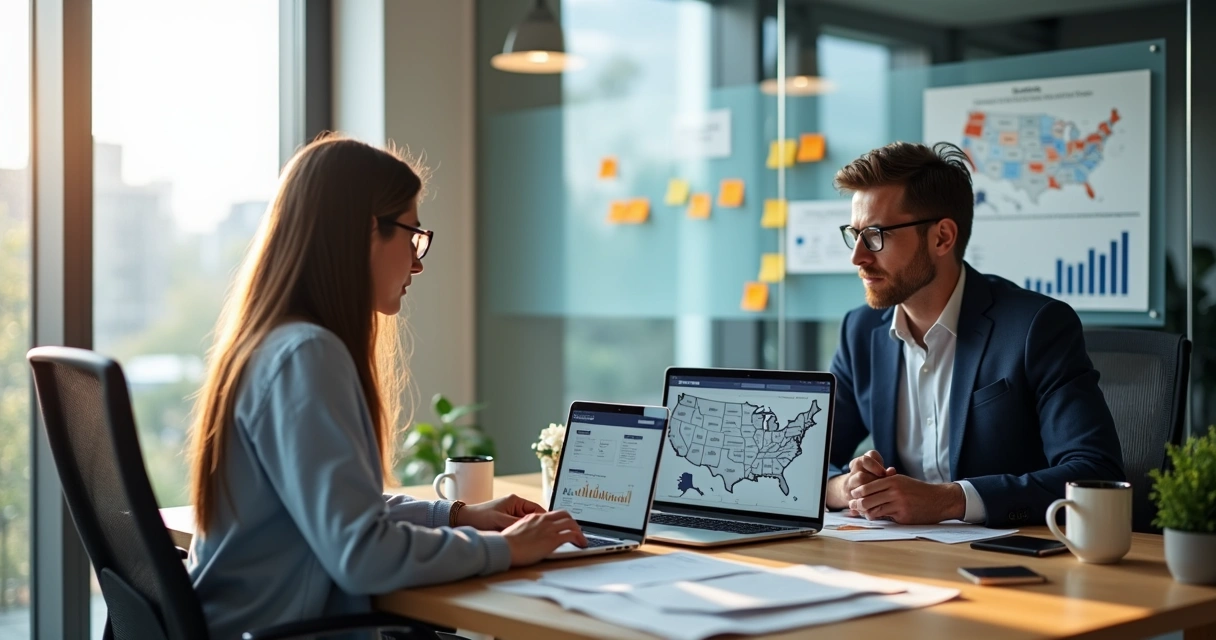 Researchers analyzing immigration market data with laptops and reports