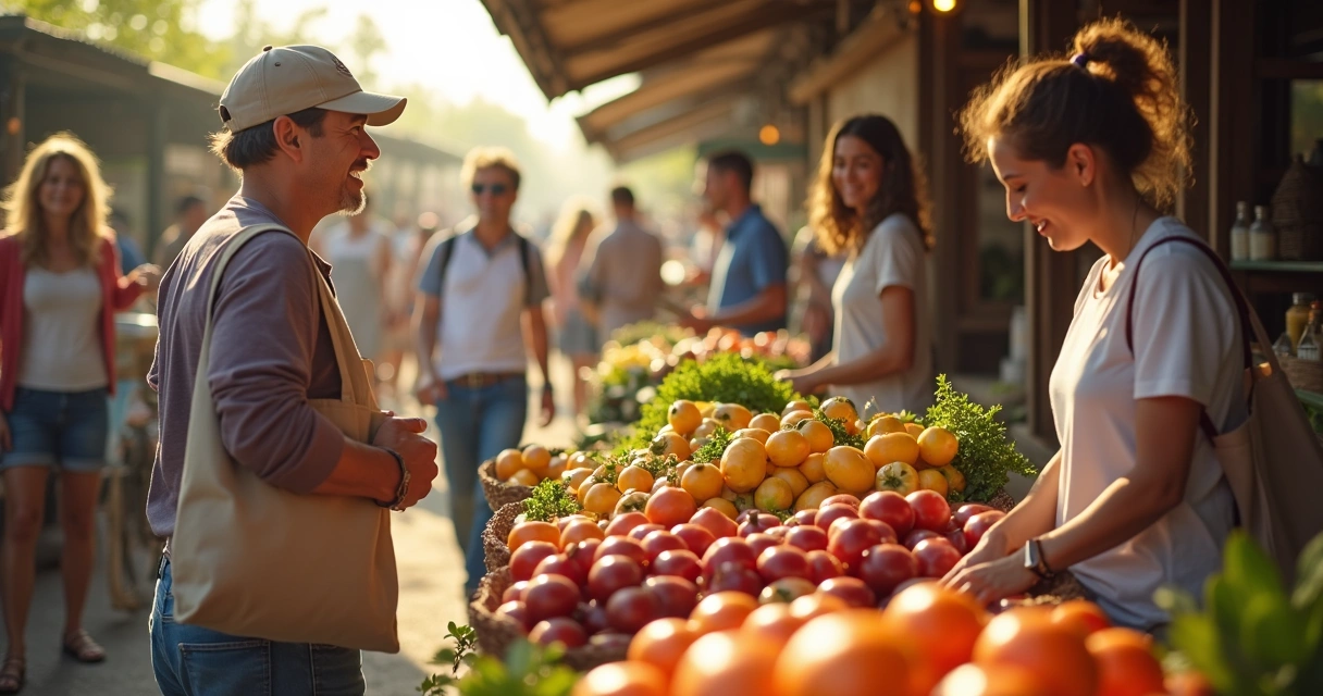 People choosing fresh produce at local market 