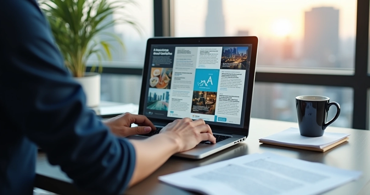 A marketing professional working on a laptop with AI-generated ad ideas on the screen