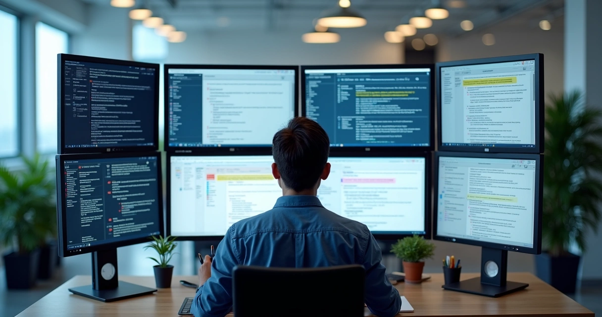 Marketer reviewing AI responses about brand reputation on multiple screens 