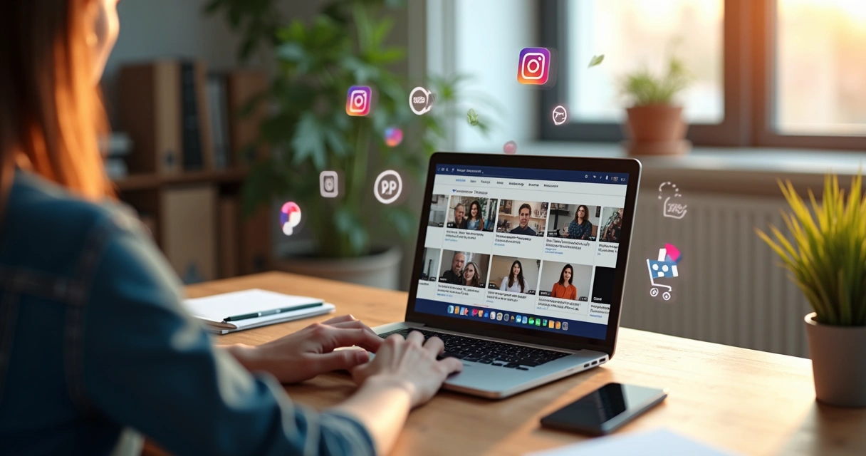 Marketer analyzing user-generated content videos on laptop with multiple social media icons visible 