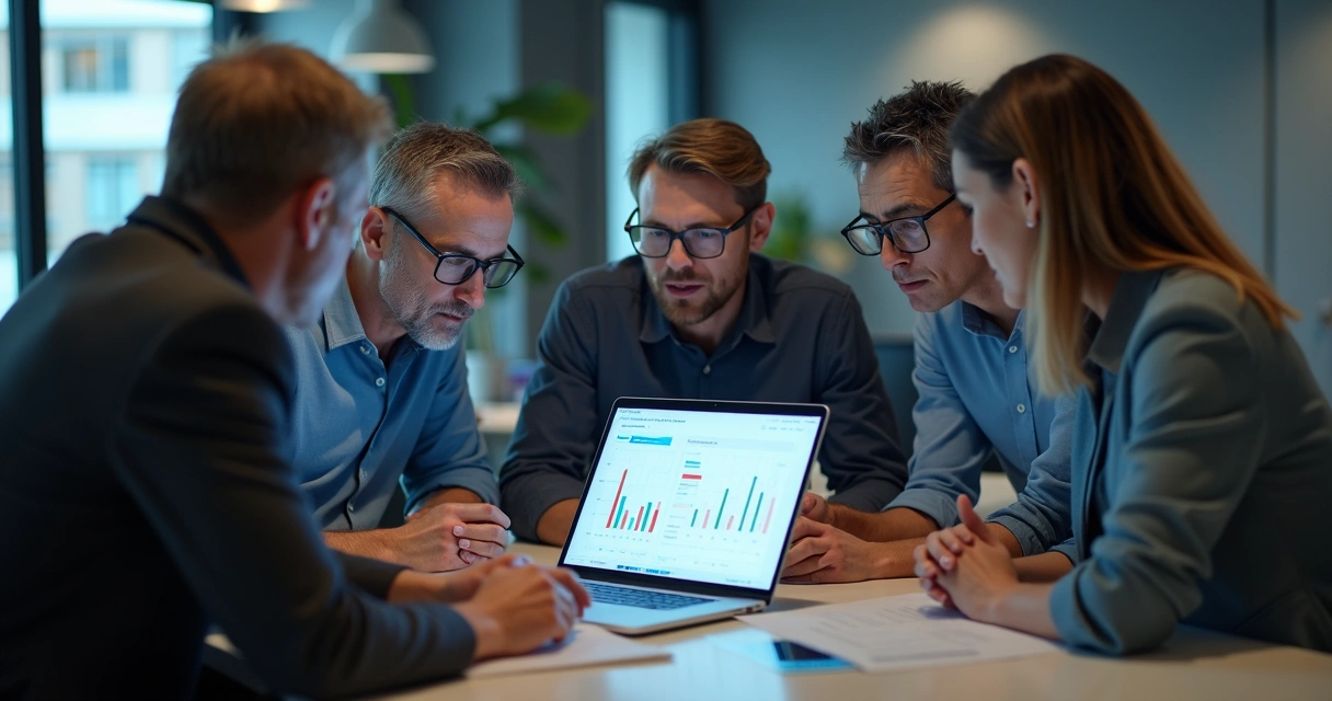 Equipe madura reunida analisando vendas digitais no escritório 