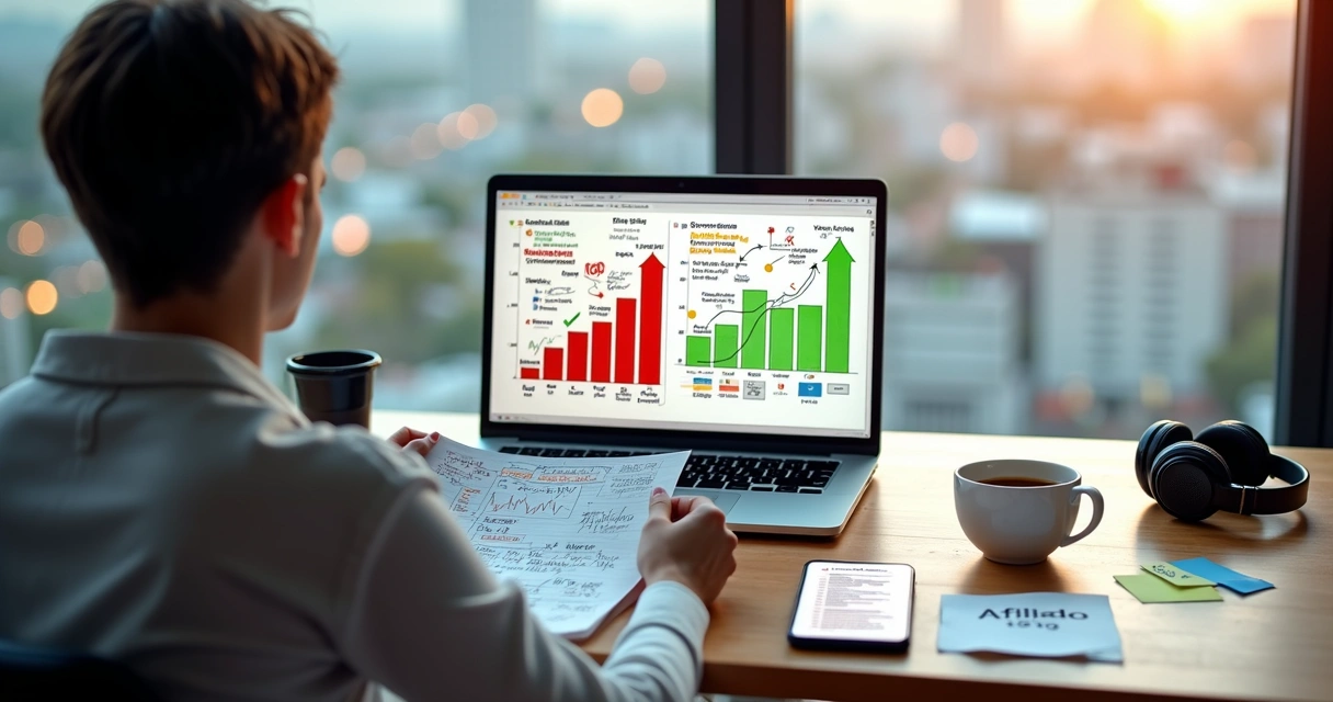 Afiliado escolhendo entre estratégias de marketing digital certas e erradas em frente ao notebook 