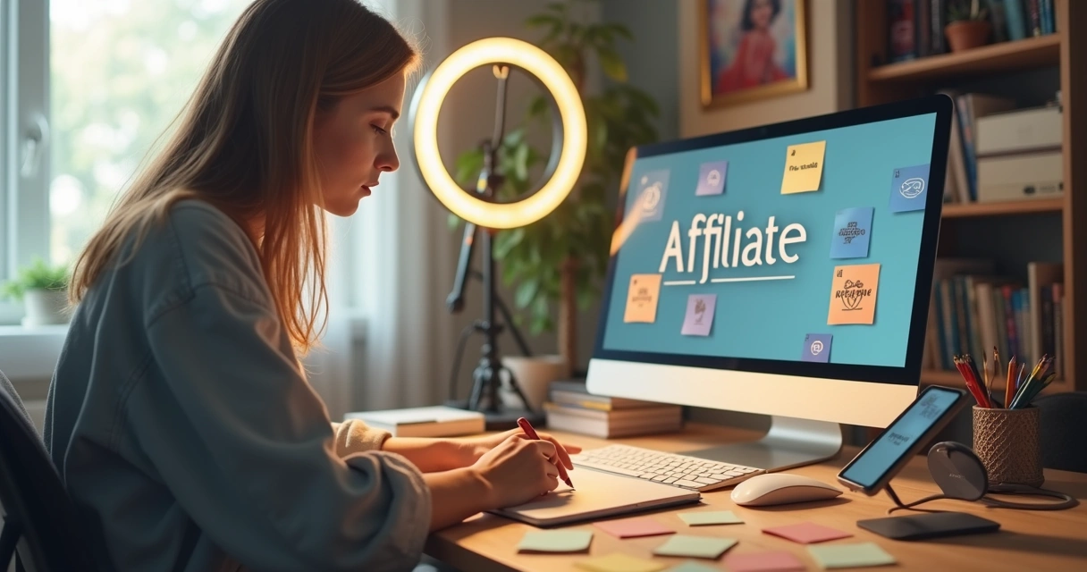 Mulher criando conteúdo sobre afiliados no notebook