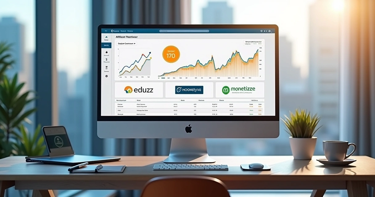 Tela de computador com dashboards de marketing de afiliados e logos de Hotmart Eduzz e Monetizze 