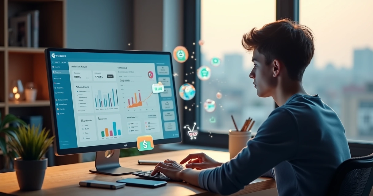 Pessoa trabalhando com marketing de afiliados em notebook cercada por ícones de dinheiro e anúncios online 