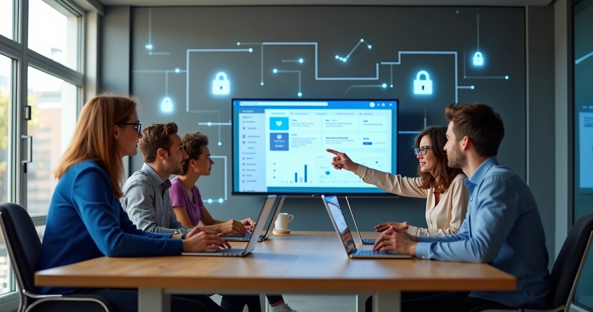 Marketing agency team working on computers managing client social media and ads accesses 