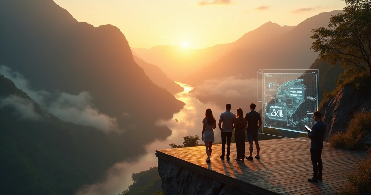 Grupo de viajantes em expedição exclusiva observando paisagem remota ao amanhecer 