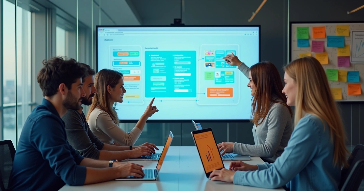 Equipe usando sistemas de automação em notebooks e telas interativas