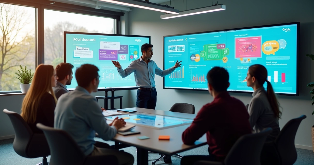 Equipe de marketing operando painéis digitais de automação e análise de dados 