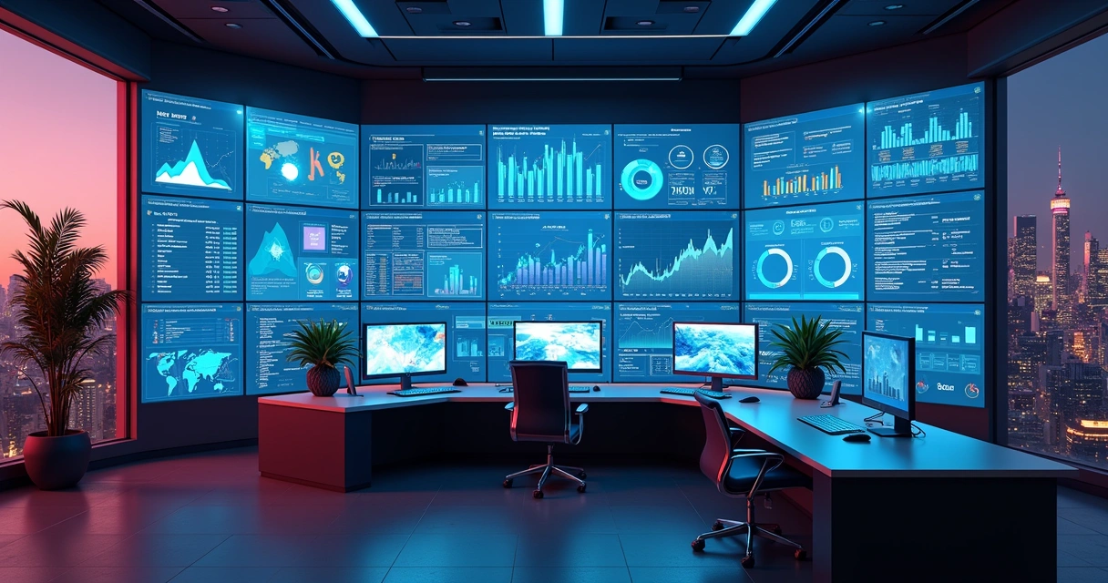 Painel digital com gráficos de campanhas de marketing e IA interagindo 