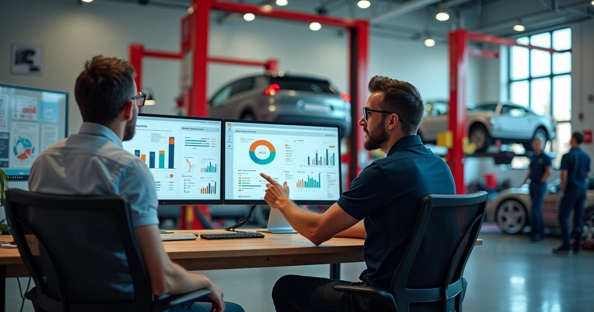 Consultor de marketing e dono de oficina analisando campanhas digitais em frente a carro no elevador 