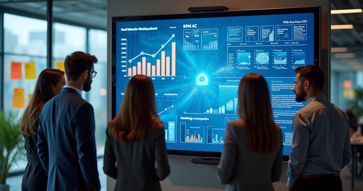 Profissionais de marketing analisando dados em painéis digitais, cercados por algoritmos de IA exibidos na tela. 