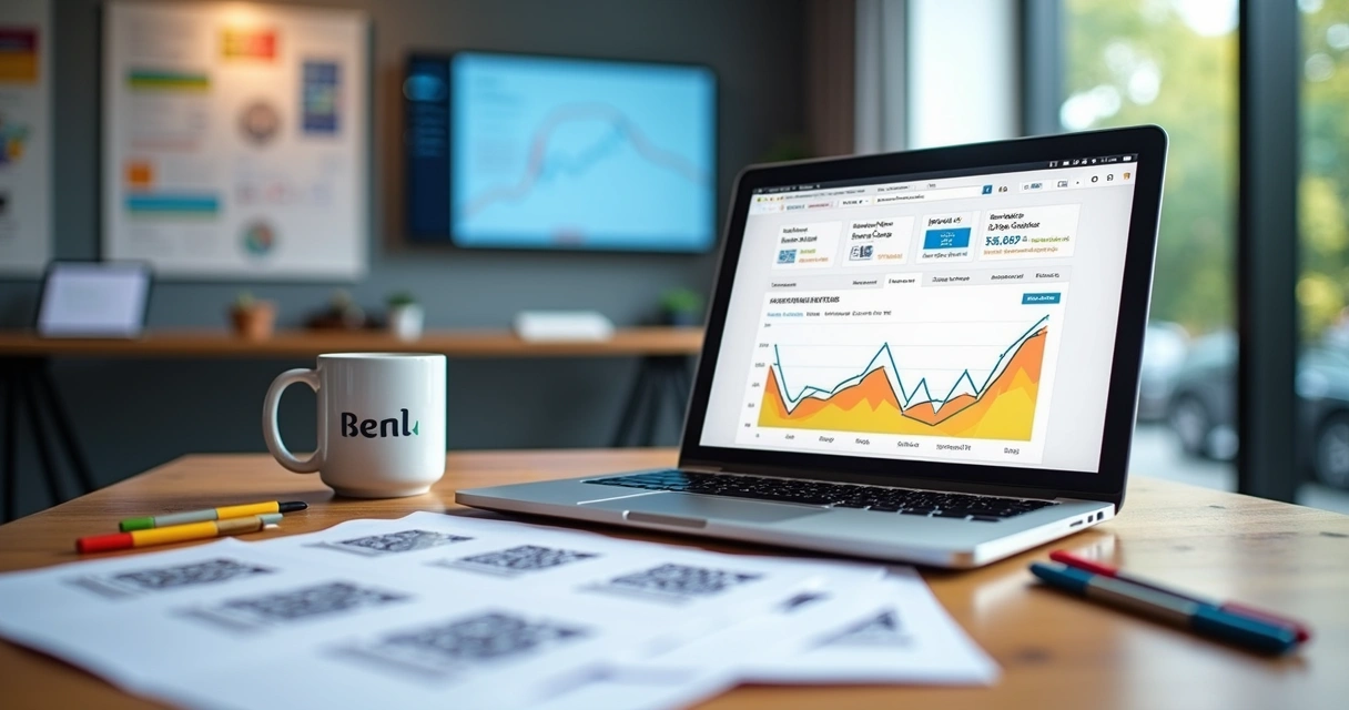 Mesa de trabalho de marketing digital com computador, gráficos e códigos QR em destaque 