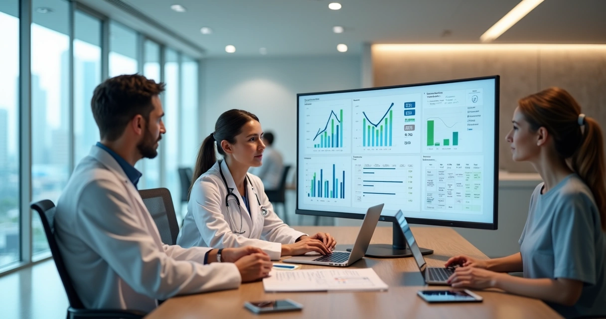 Médico e equipe analisando resultados de marketing digital em consultório moderno 