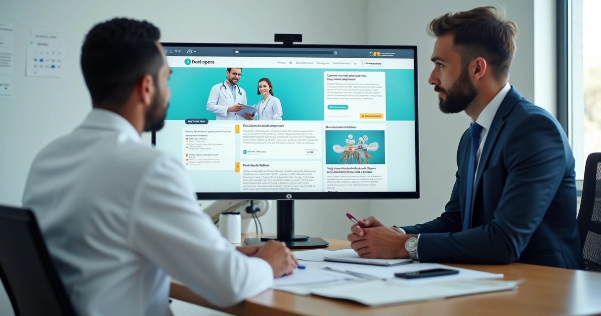 Dentista analisando conteúdo digital ao lado de advogada em consultório moderno 