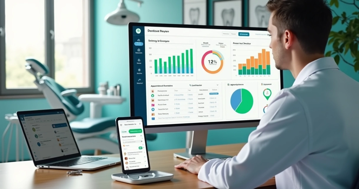 Dentista analisando painel de ferramentas de marketing digital na clínica 