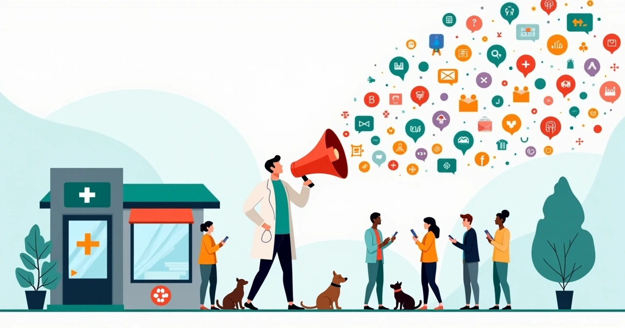Veterinário segurando megafone cercado por ícones de redes sociais e tutores com pets 