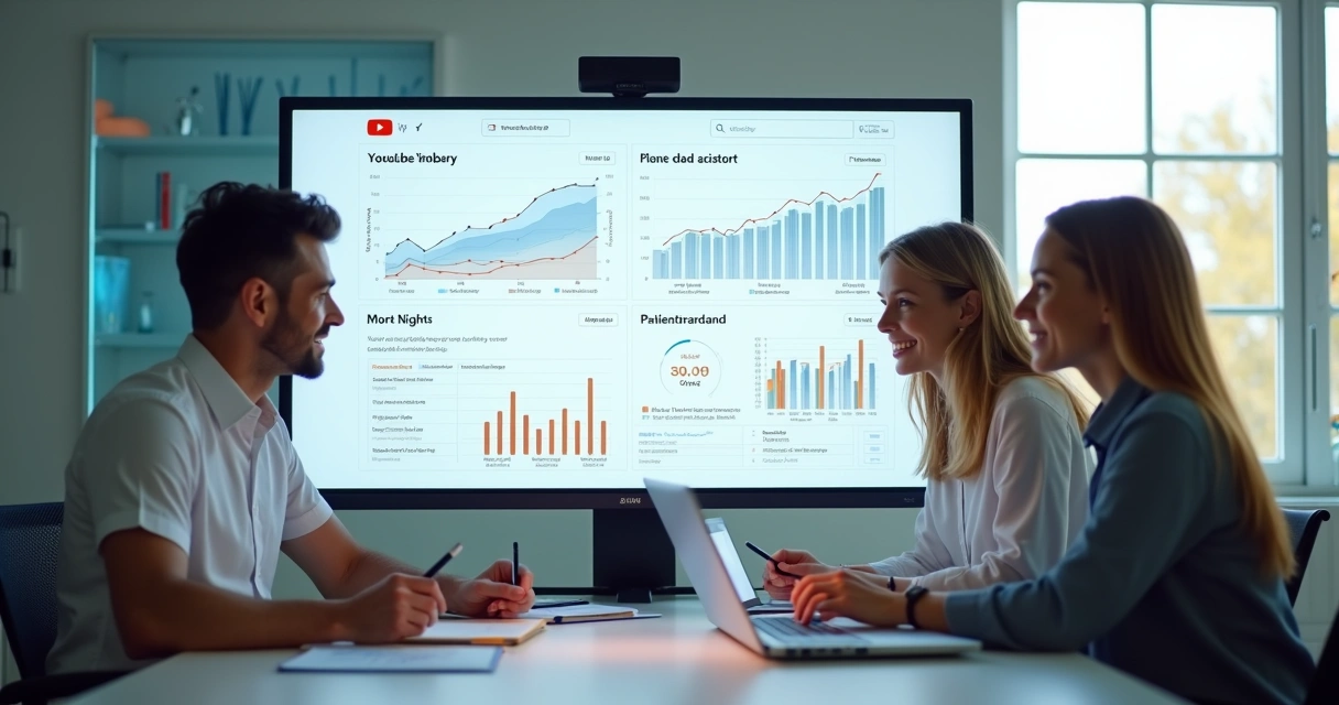 Equipe de marketing médico em clínica acompanhando resultados de anúncios online 