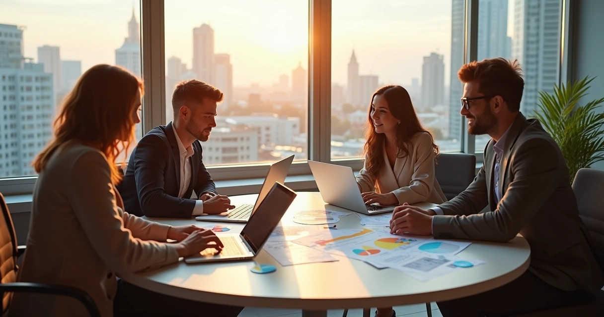 Pessoas em uma mesa, discutindo estratégia de marketing com laptops e gráficos 