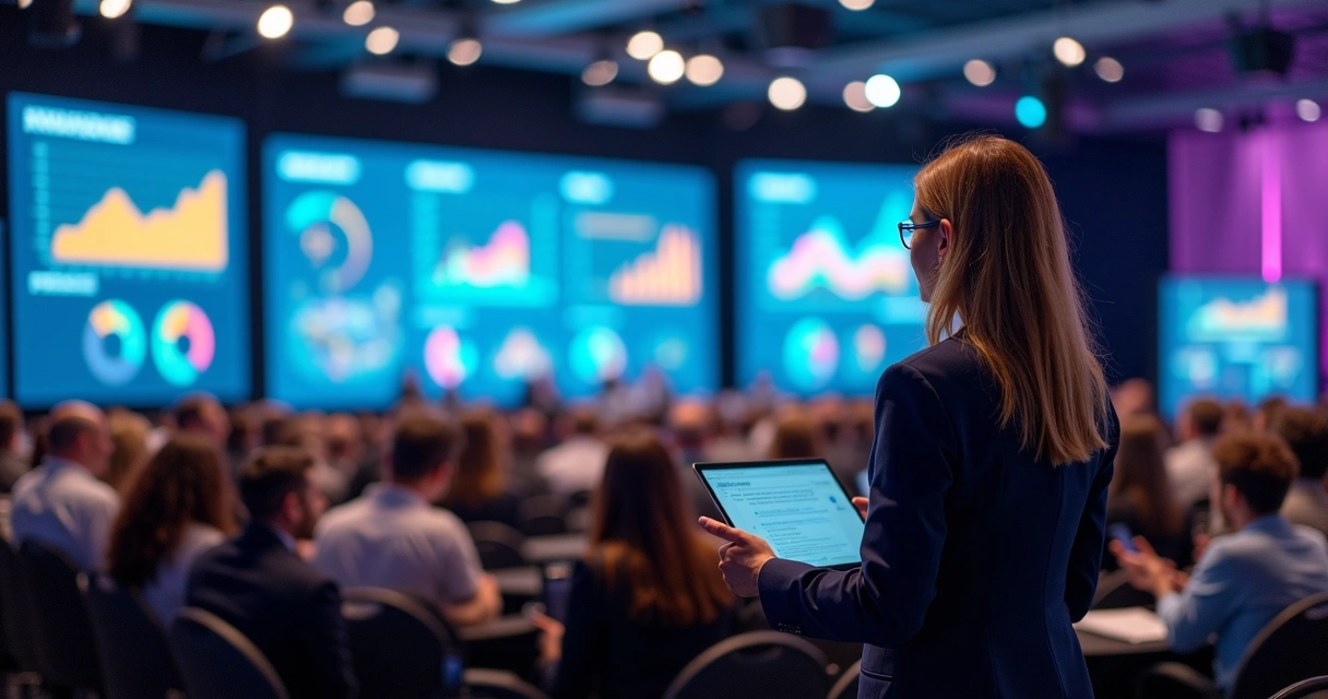 Mulher apresentando painel de IA em marketing digital em um grande evento de negócios, mostrando gráficos e dados em uma tela com público atento. 