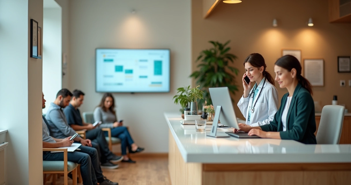 Consultório médico pequeno e moderno com sala de espera cheia e foco em agenda organizada na recepção 