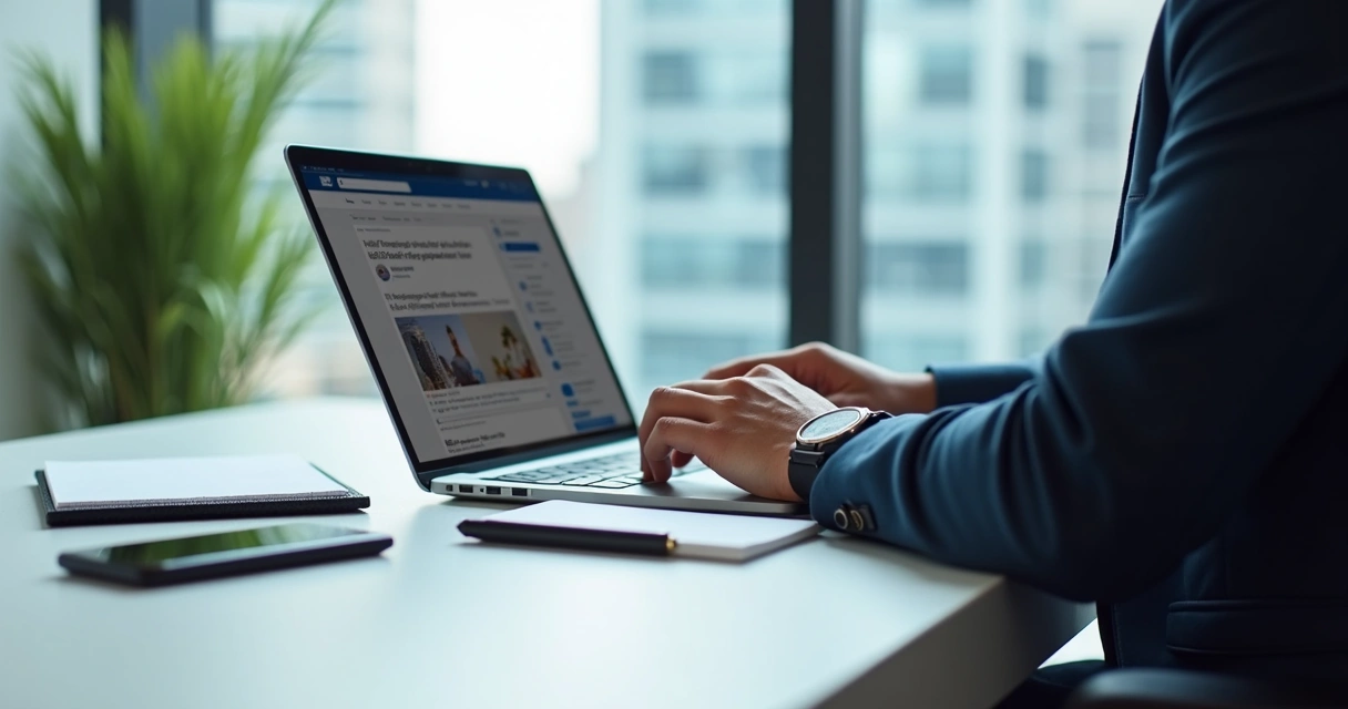 Contador usando LinkedIn em notebook para se comunicar com público-alvo 