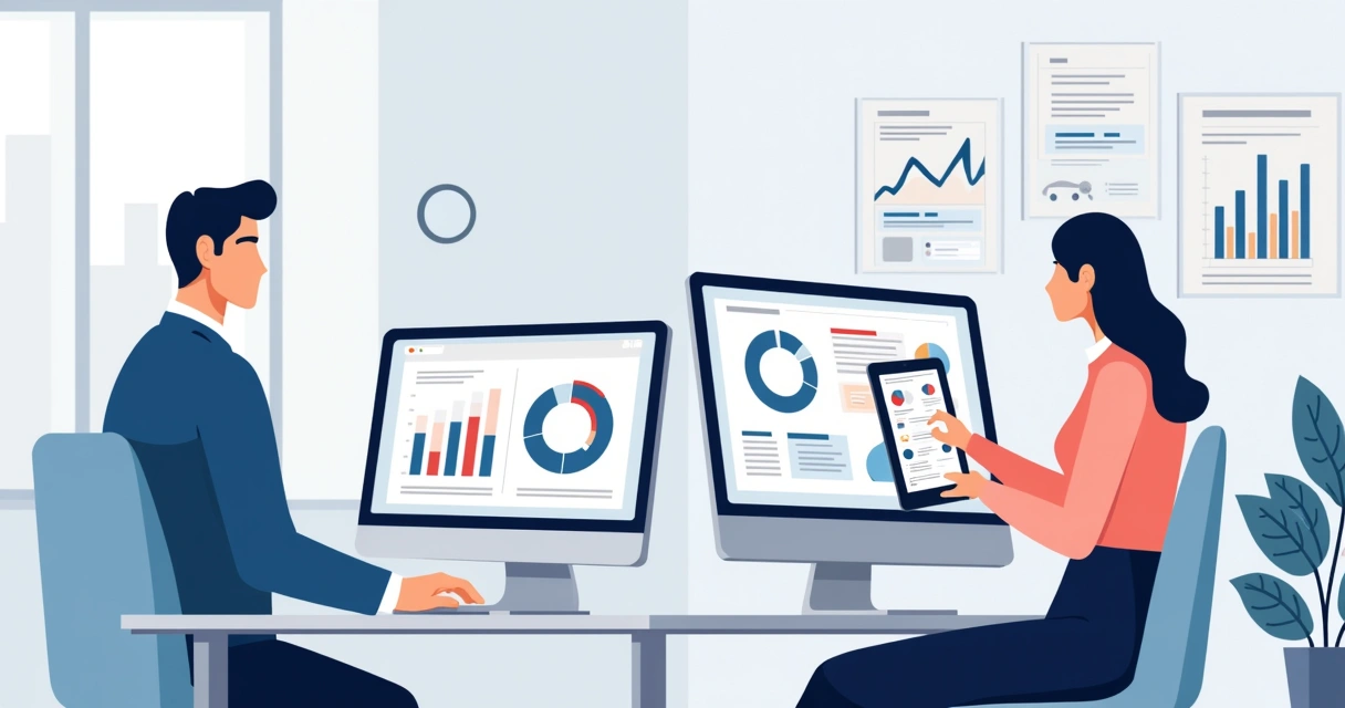 Equipe de contabilidade utilizando computador mostrando gráficos e redes sociais 