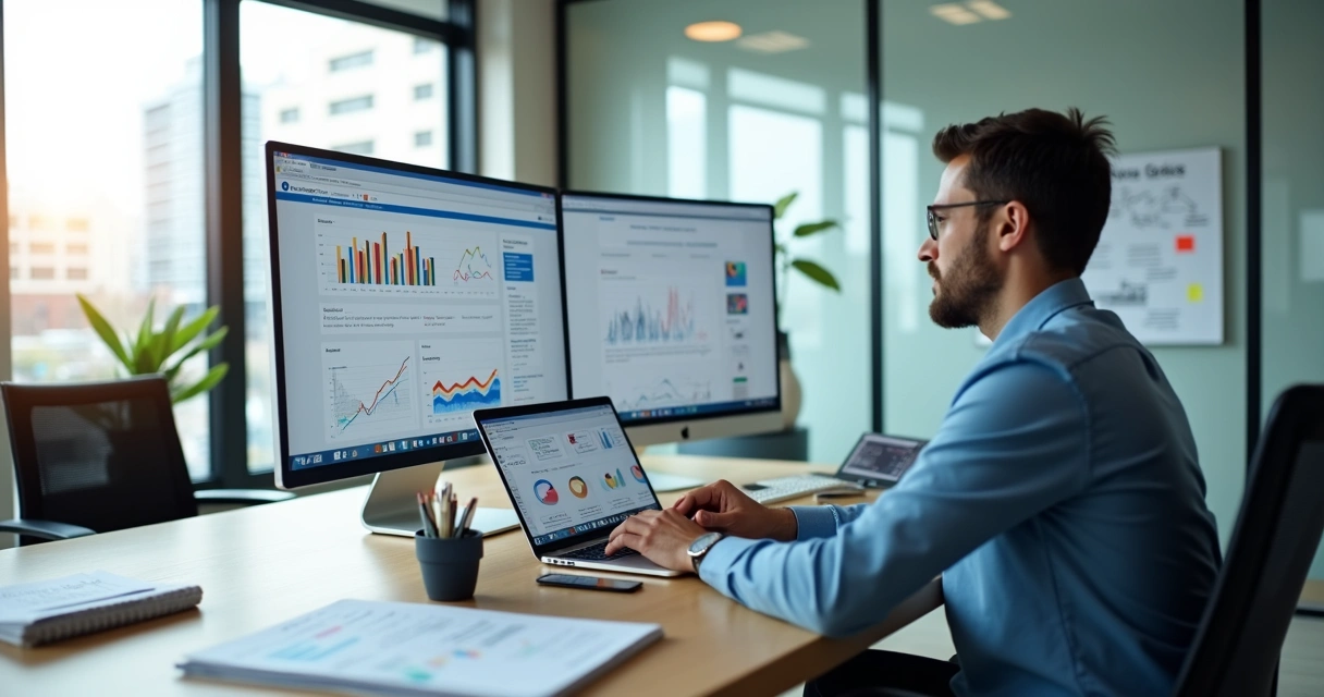 Contador em escritório moderno planejando marketing digital no notebook 