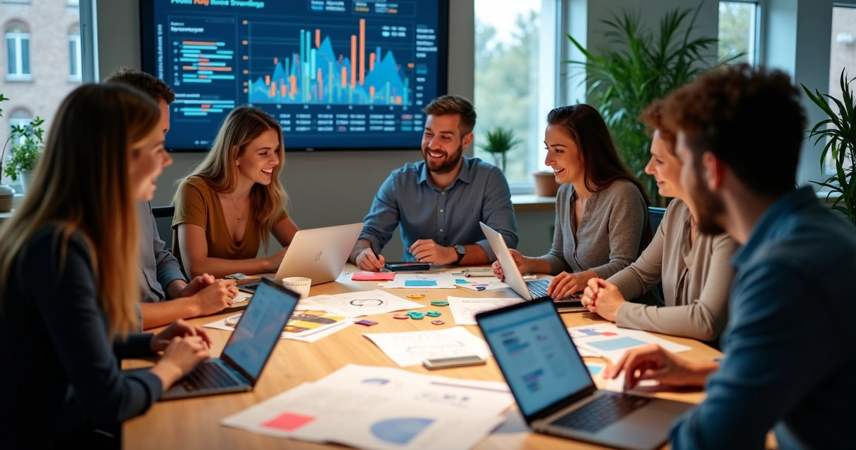 Equipe reunida criando conteúdo digital criativo 