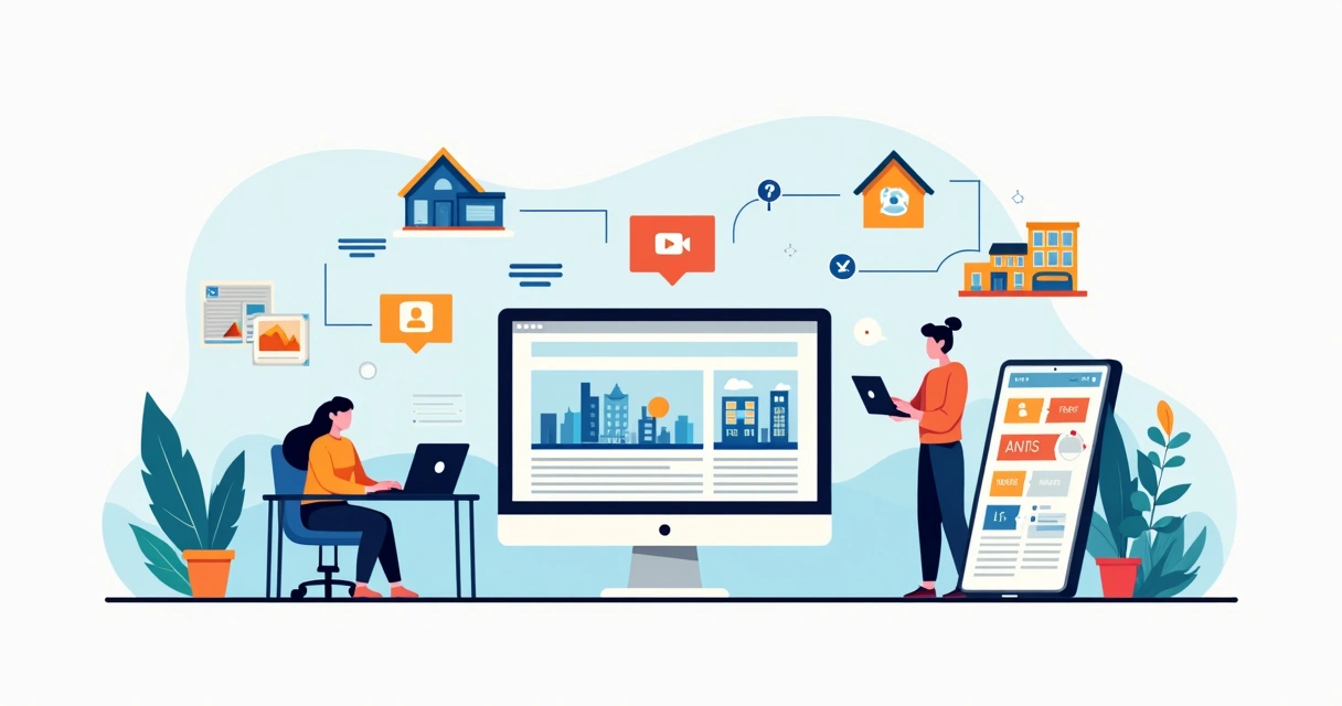 Ilustração de profissionais imobiliários criando conteúdo em blog com foco em imóveis 