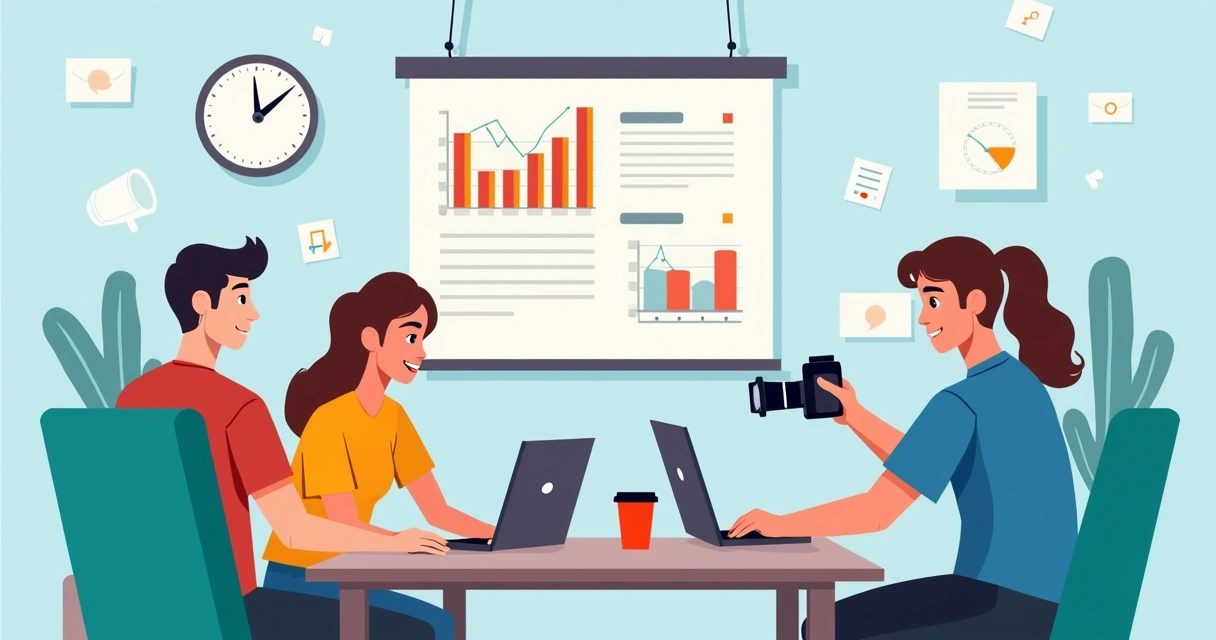 Equipe produzindo conteúdo, com notebook, câmera e tela de blog ao fundo 