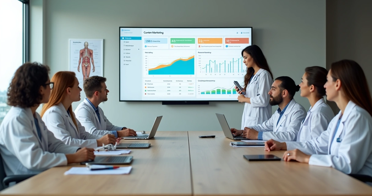 Equipe médica em consultório analisando estratégias de marketing digital em tela grande 