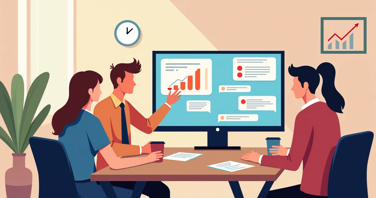 Equipe de marketing ao redor de computador exibindo gráficos de conversas em tempo real 