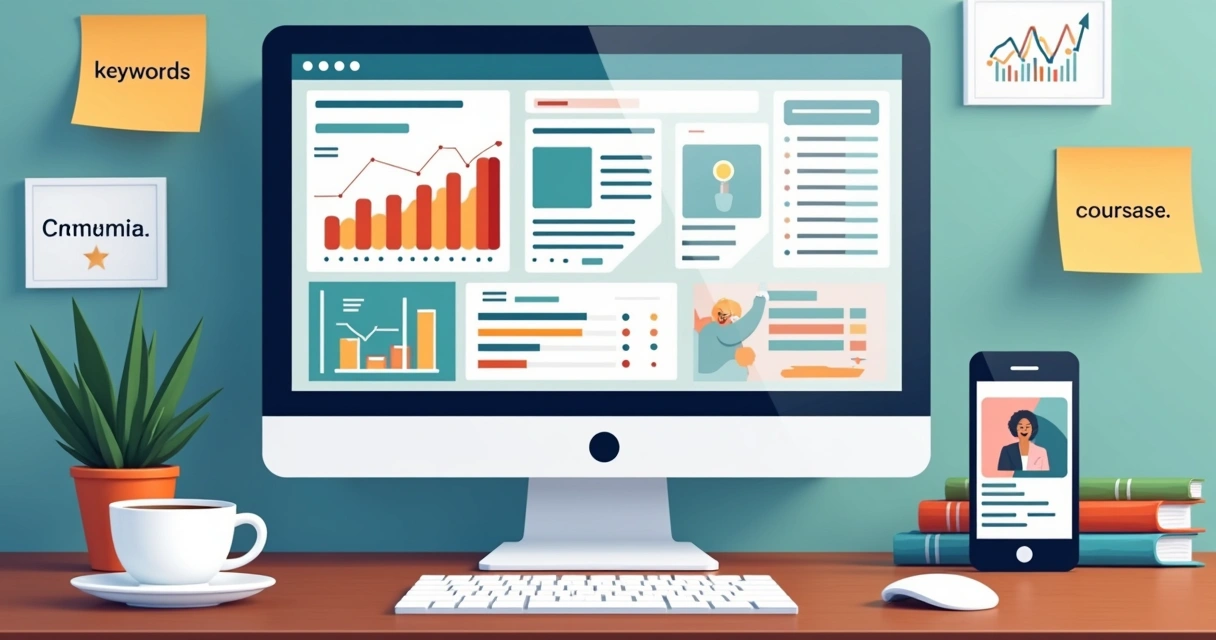 Tela de computador com estratégias de marketing digital para cursos 