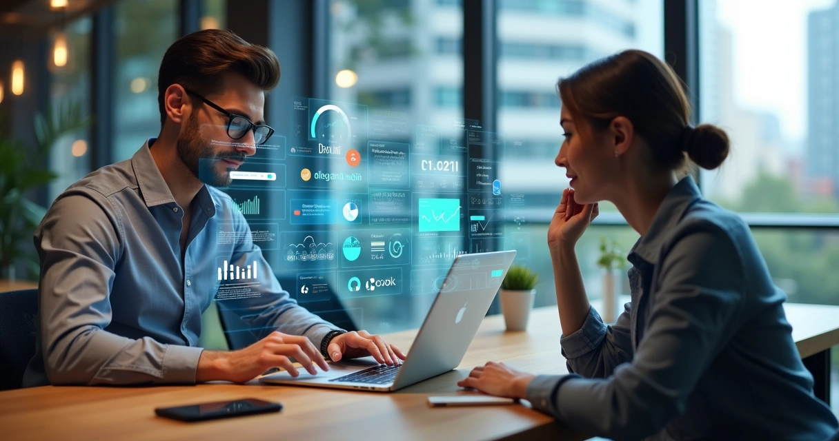 Pessoa usando notebook ao lado de gráficos e notificações digitais