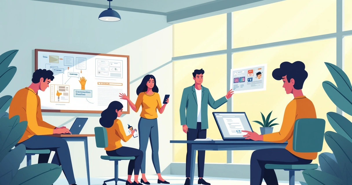 Grupo de pessoas criando conteúdo em um ambiente de escritório iluminado, ilustrando marketing de conteúdo.