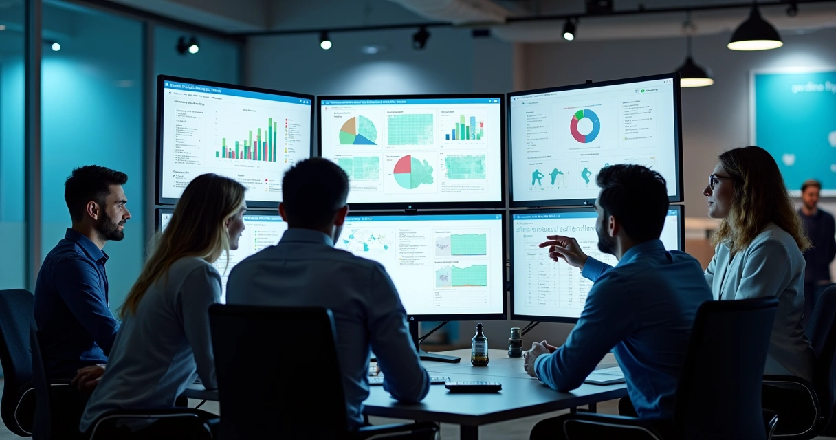 Equipe de marketing reunida em frente a telas com gráficos e fotos de clínicas odontológicas 