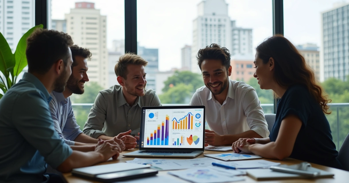 Equipe em reunião analisando gráficos de marketing digital em um escritório moderno em Alagoinhas 