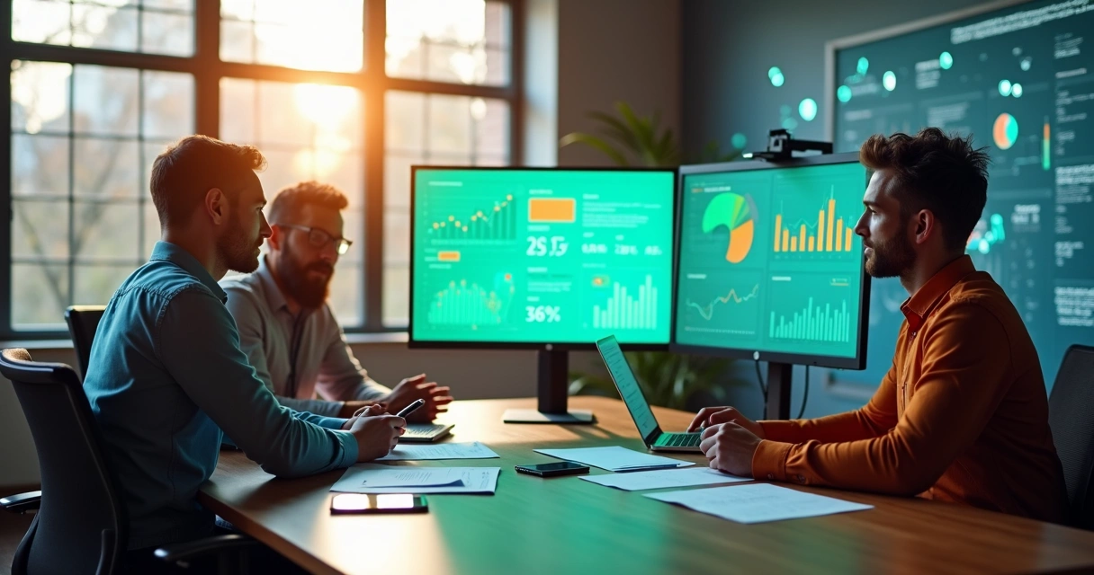 Equipe analisando gráficos de marketing digital na tela do computador