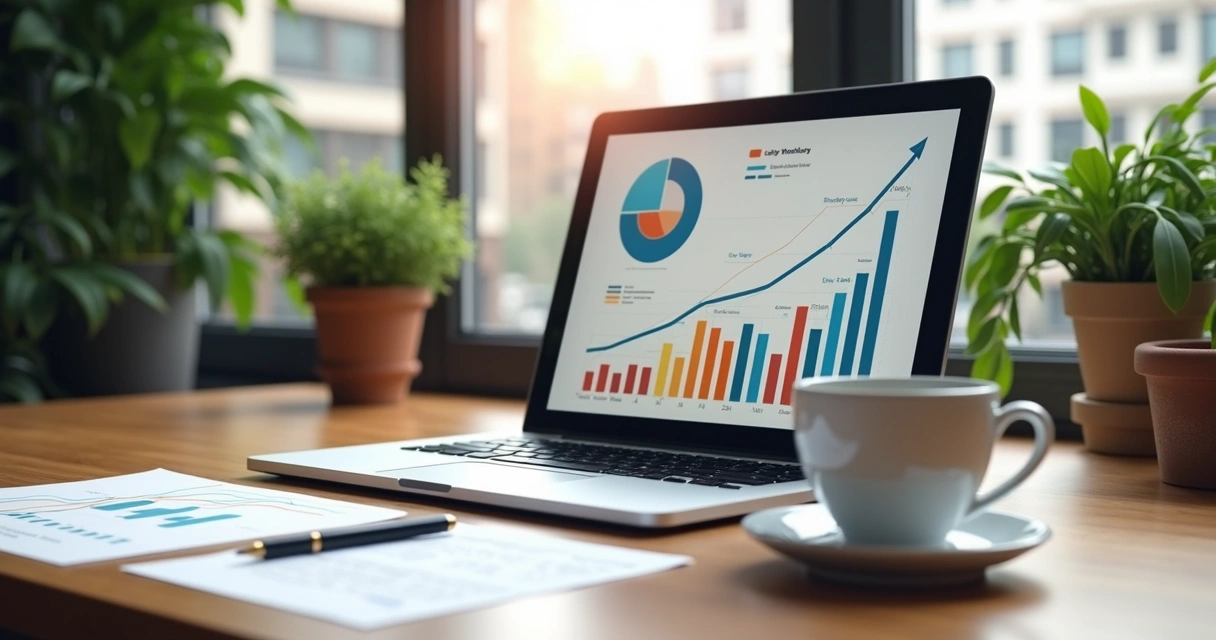 Mesa de escritório com computador e gráficos de crescimento em Ananindeua 