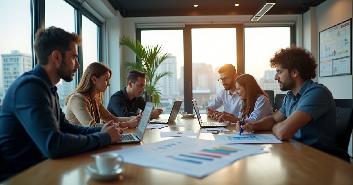 Equipe de marketing reunida ao redor de uma mesa, analisando gráficos e notebooks. 
