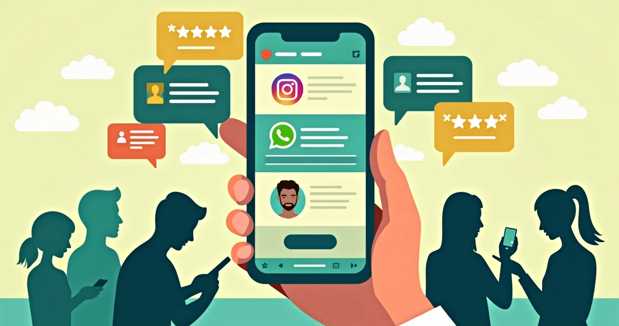 Celular mostrando anúncio, redes sociais no fundo e mão segurando aparelho. 