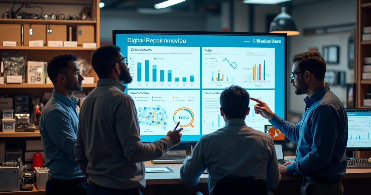 Equipe de assistência técnica monitorando resultados de marketing digital em tela de computador