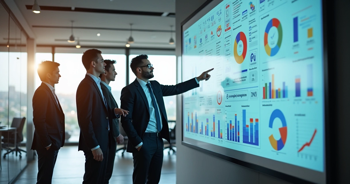 Equipe reúne-se em frente a painel com gráficos de marketing digital 