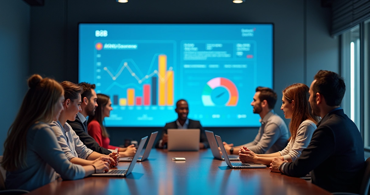 Equipe reunida planejando campanha digital para cursos B2B 