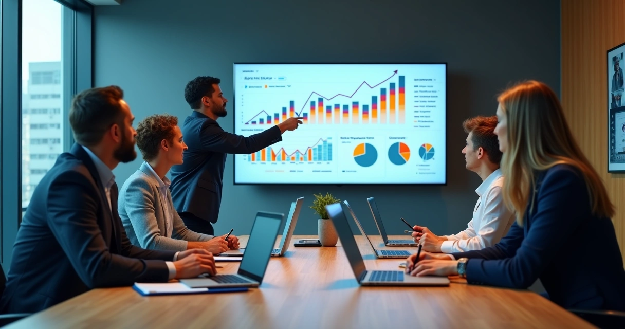 Reunião de equipe em pequena empresa analisando painel digital de marketing B2B 