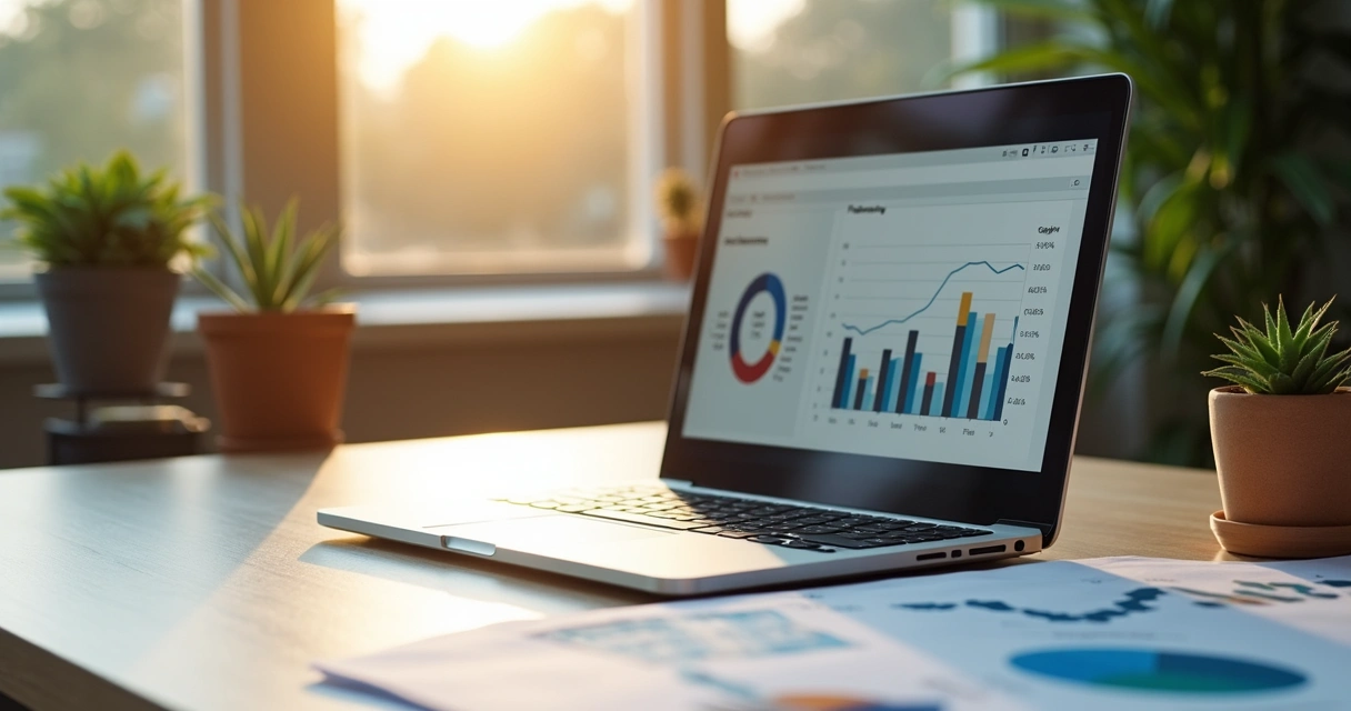 Gráficos e laptop em cima de mesa simbolizando crescimento dos negócios locais 