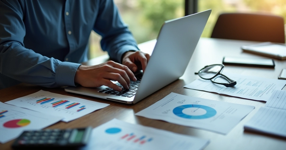 Pessoa usando notebook e gráficos financeiros em uma mesa de escritório 